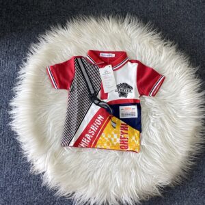 Red polo top with black and white stripes