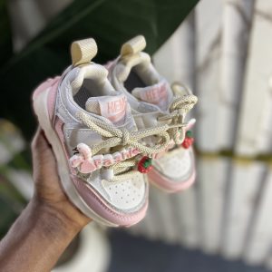 Pink and white sneakers