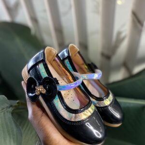 Gold and black shoe with bow