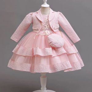 Pink gown with blazer jacket and bag