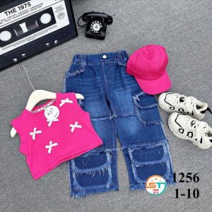 3-piece pink crop top and Jean trouser set